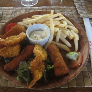 Deep fried shrimp and fish with fries. This dish looked more pre-packaged than the other meals.