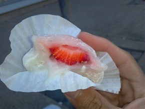 Only on their seasonal menu, this mochi has a slice of strawberry inside.