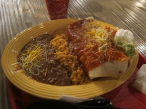 Chicken burrito with refried beans, seared peppers and onions, and shredded cheese topped with a traditional Guajillo sauce. For an amusement park, this plate was large and filling.
