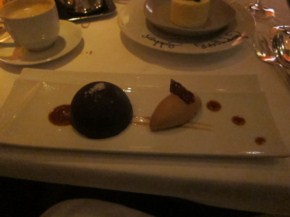 A very interesting desert. A praline parfait dipped in chocolate with a scoop of salted caramel ice cream. By this point, I was extremely full (being my 5th course).