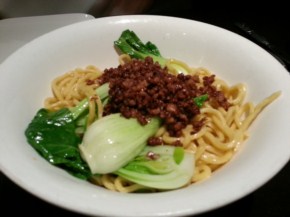 A bowl of noodles with bok choy and ground pork. The sauce (sort of peanut butterish flavor) was at the bottom of the bowl. The chewy noodles had the perfect texture, but the bok choy was a bit undercooked. Other than that, yet another delicious bowl of noodles I devoured.