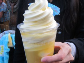 A wildly popular dessert perfect for a mid-day snack at Disneyland in California. It's a simple drink. Pineapple flavored soft serve on top of pineapple juice. Beware of the line, which gets long at around 1pm.