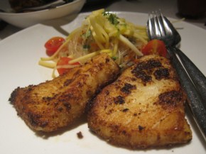Lemongrass & garlic sea bass served with a cold mango & cilantro noodle salad. The sea bass was perfectly prepared, crispy on the outside, and flaky and juicy on the inside.