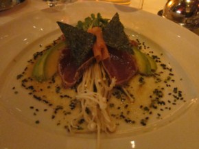 Perfectly seared ahi tuna. The avocados were perfectly ripe, and the sauce was a lemony flavor which completed the dish very well.