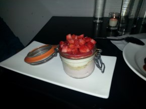 Layers of strawberry mousse, vanilla cake, and calamansi cream, topped with strawberries in a unique jar! The lime flavoring wasn't too strong, and was just perfect!
